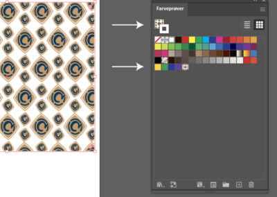 Skærmbillede af Illustrator-programmet, hvor et færdigt mønster blander sig med farverne i Farveprøver-panelet.